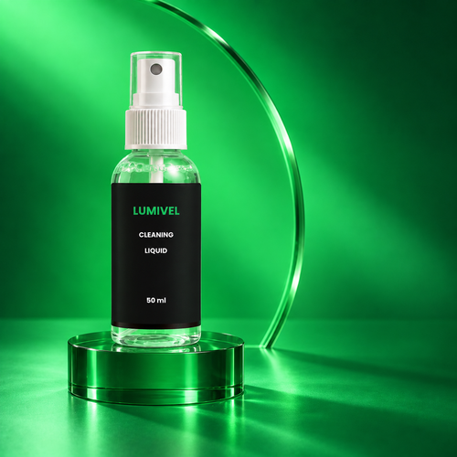 Lumivel Cleaning Liquid 50 ml bottle on a green studio pedestal