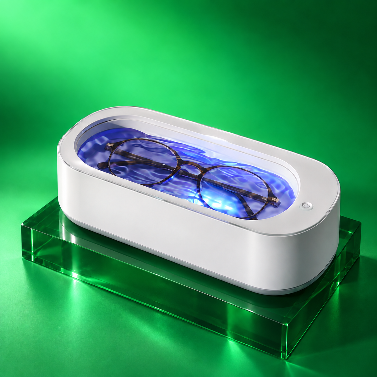 White ClearWave ultrasonic eyewear cleaner on a translucent green plinth