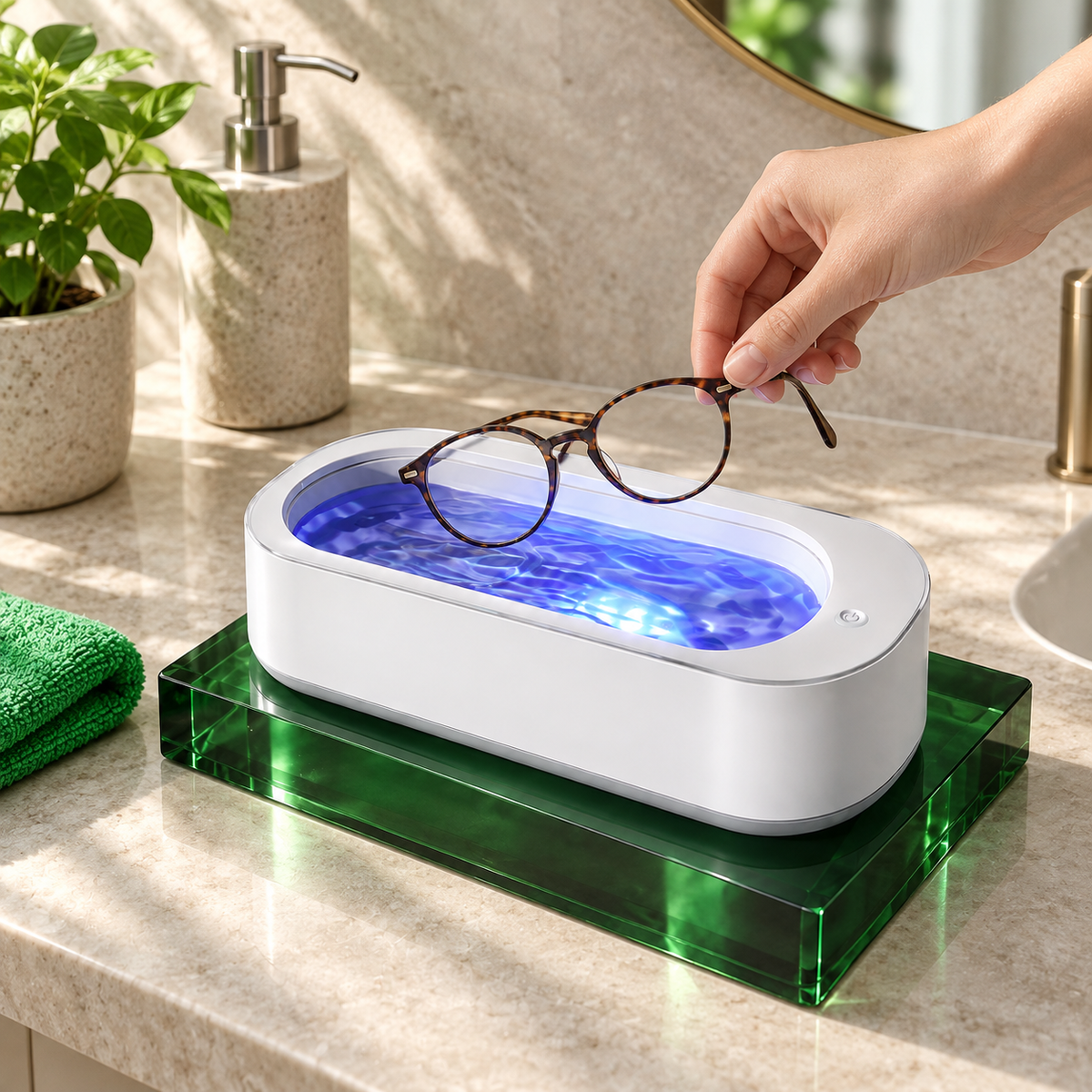 Adult hand lowering compatible eyewear toward the open ClearWave tank