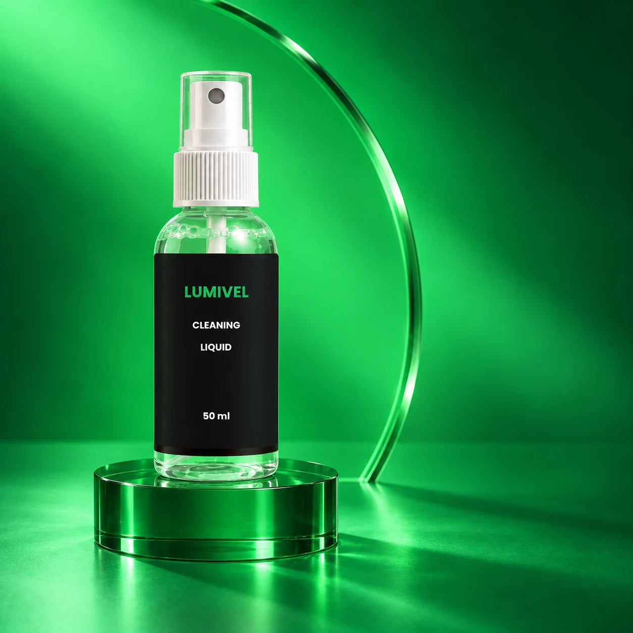Lumivel Cleaning Liquid bottle on a translucent green studio pedestal